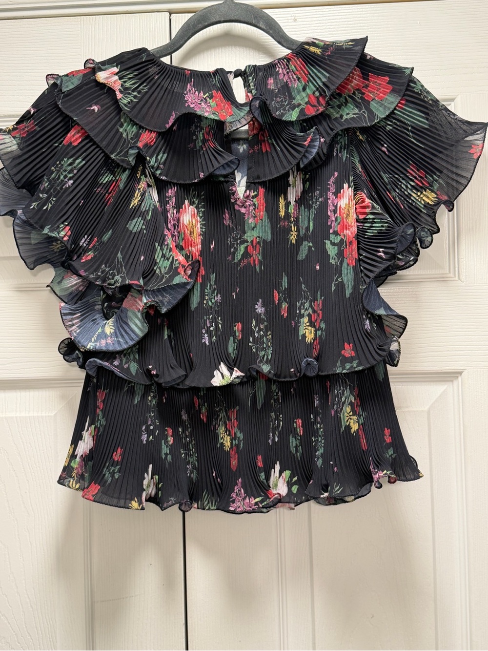 AMUR Black Pleated Top with Red and Green Floral Print - Picture 2 of 5